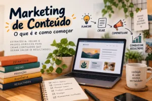 Capa do artigo Marketing de conteúdo: o que é e como começar, com notebook, livros e o fluxo planejar, criar, compartilhar e conquistar resultados