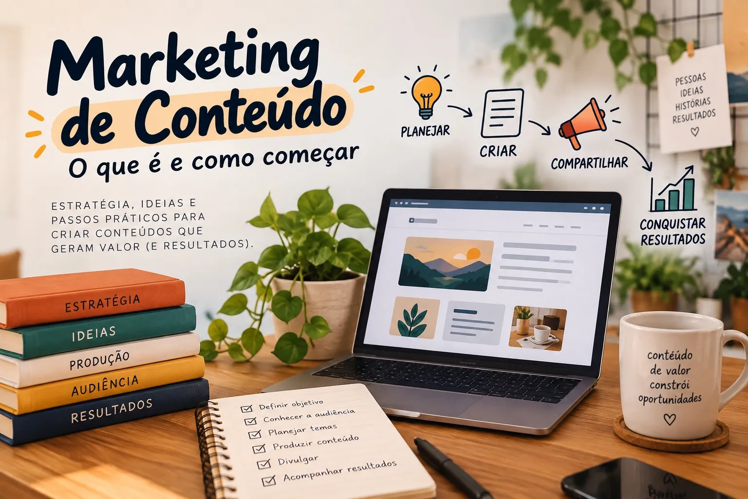 Capa do artigo Marketing de conteúdo: o que é e como começar, com notebook, livros e o fluxo planejar, criar, compartilhar e conquistar resultados