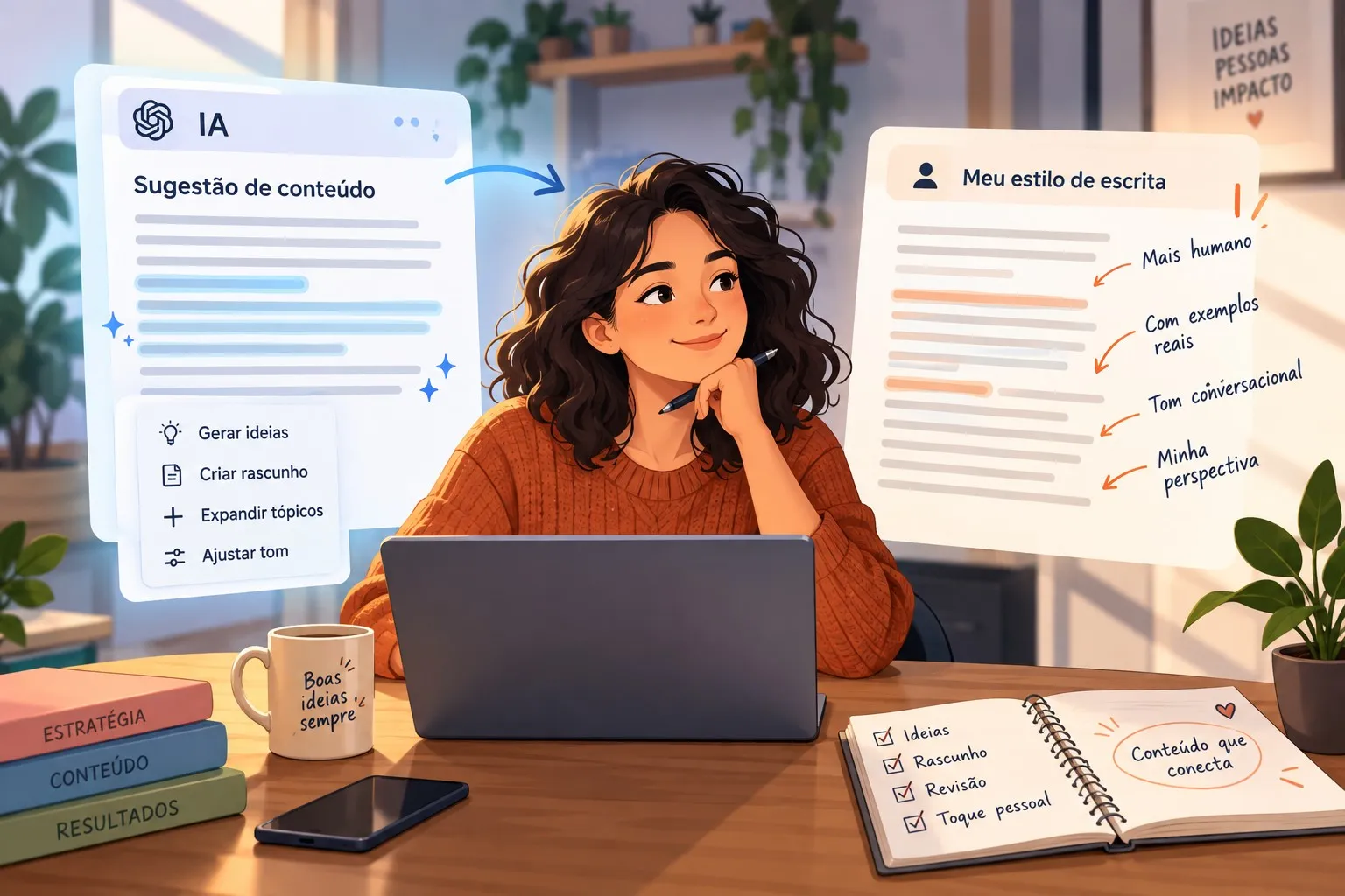 Ilustração de uma pessoa usando IA para escrever conteúdo ao lado do seu estilo de escrita