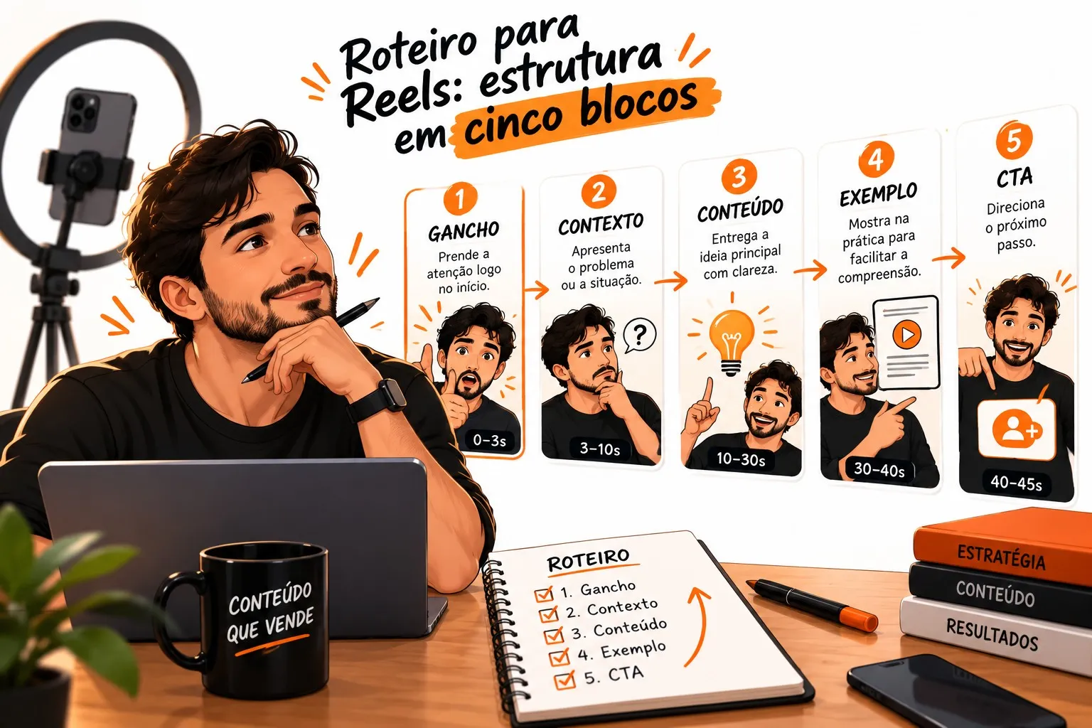 Roteiro para Reels: estrutura em cinco blocos