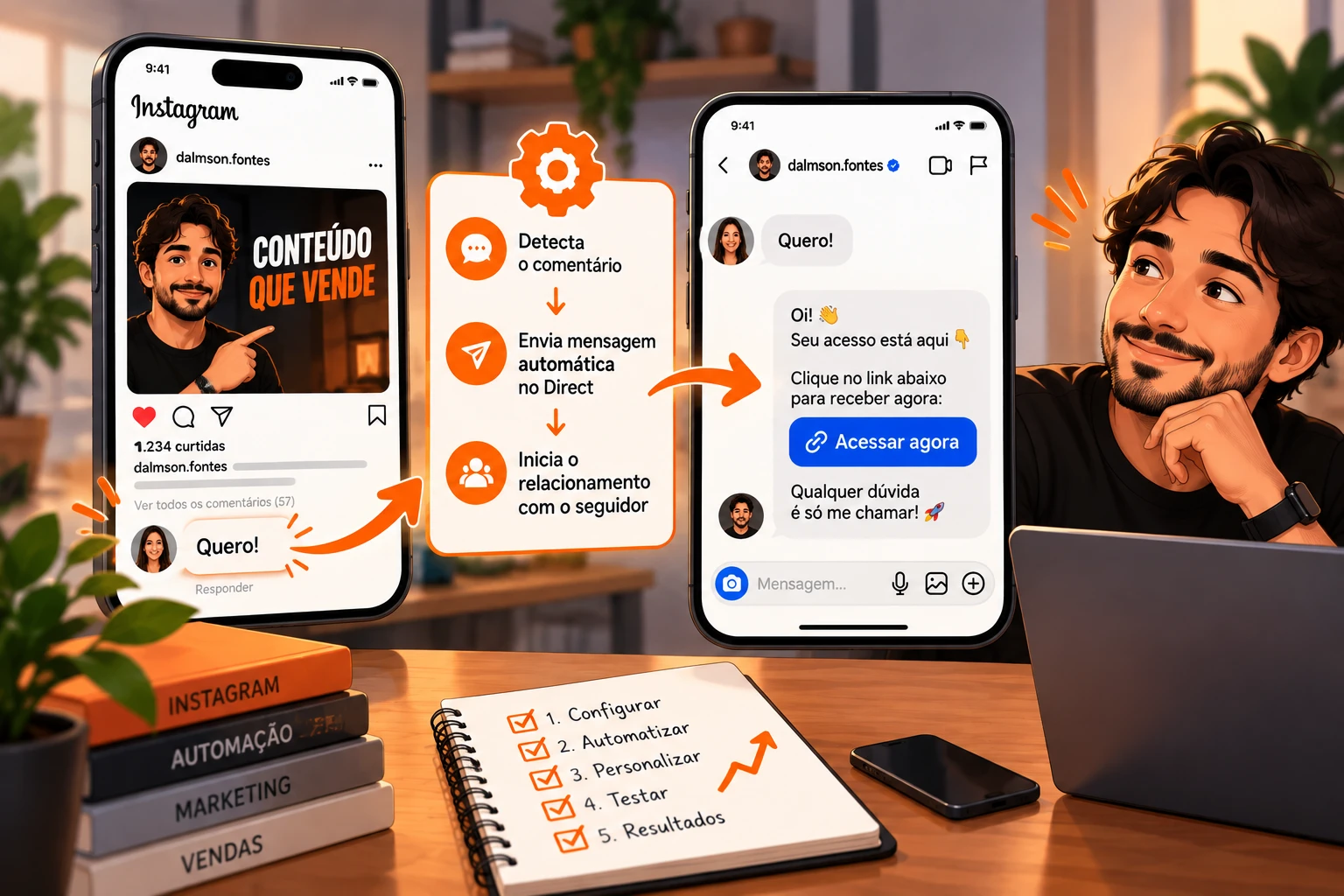 Passo a passo da automação de comentário para DM no Instagram: o seguidor comenta "Quero!" no Reel, a ferramenta detecta o comentário e envia a mensagem automática no Direct